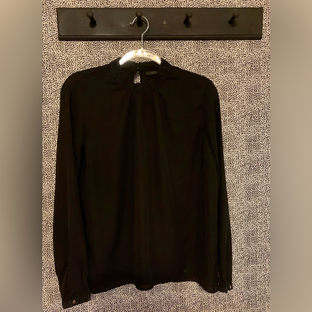 Only brand Black Long Sleeve Top with Embroidered Neck
